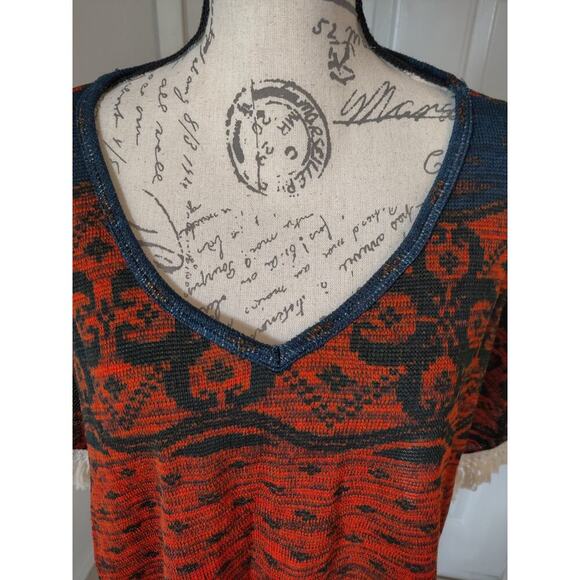 Vintage Havana Fringed Poncho Cape V-Neck Boho One Size Orange Blue - Picture 10 of 11